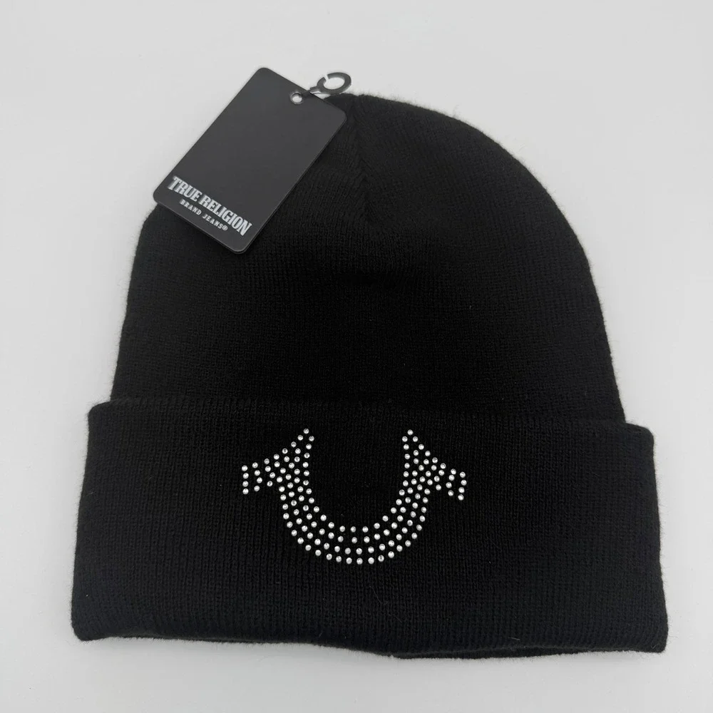 True Religion Crystal Horseshoe Beanie Black Ribbed Knit Acrylic OSFA